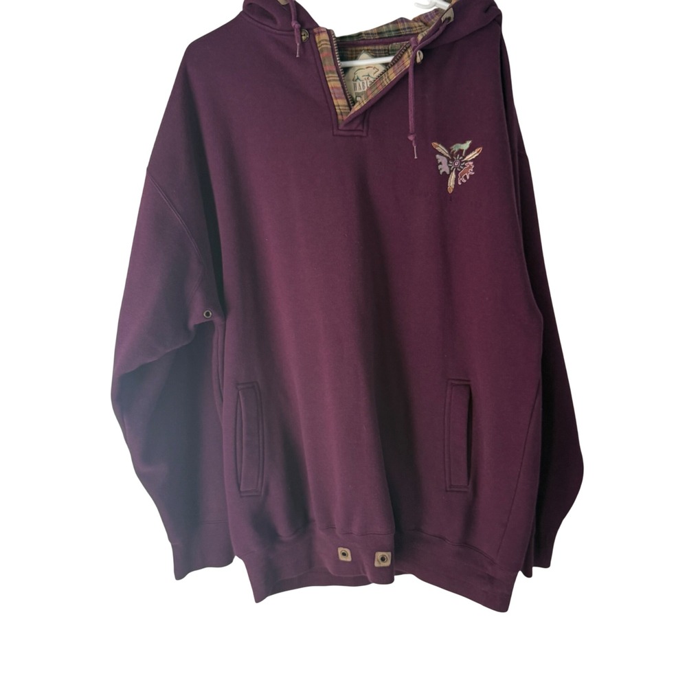 Habitat Vintage 90s Native Feather Wolf Burgundy Hooded Sweatshirt Pullover XL‎